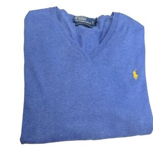 Polo Ralph Lauren Mens V-Neck Sweater Sz XL Blue Yellow Logo/100% Pima Cotton